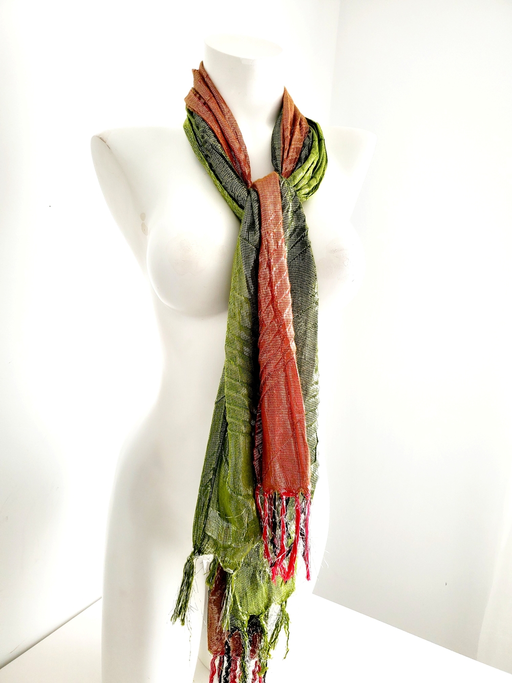 VTG Metallic Crinkle Shimmer Scarf Wrap with Fringe - Green & Peach Ombre